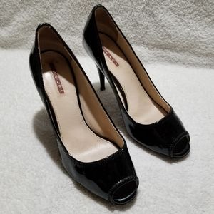 Prada black patent leather open toe shoes